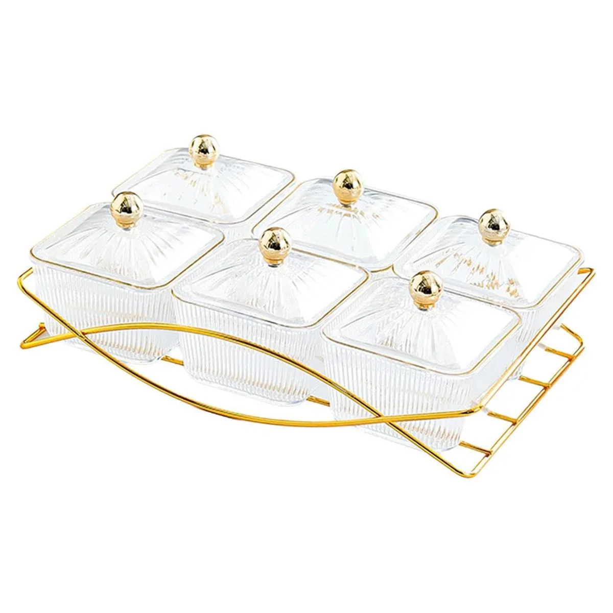 6 Clear Serving Bowls Set with Gold Metal Rack for Fruit Dessert Nuts Snack - Transparent