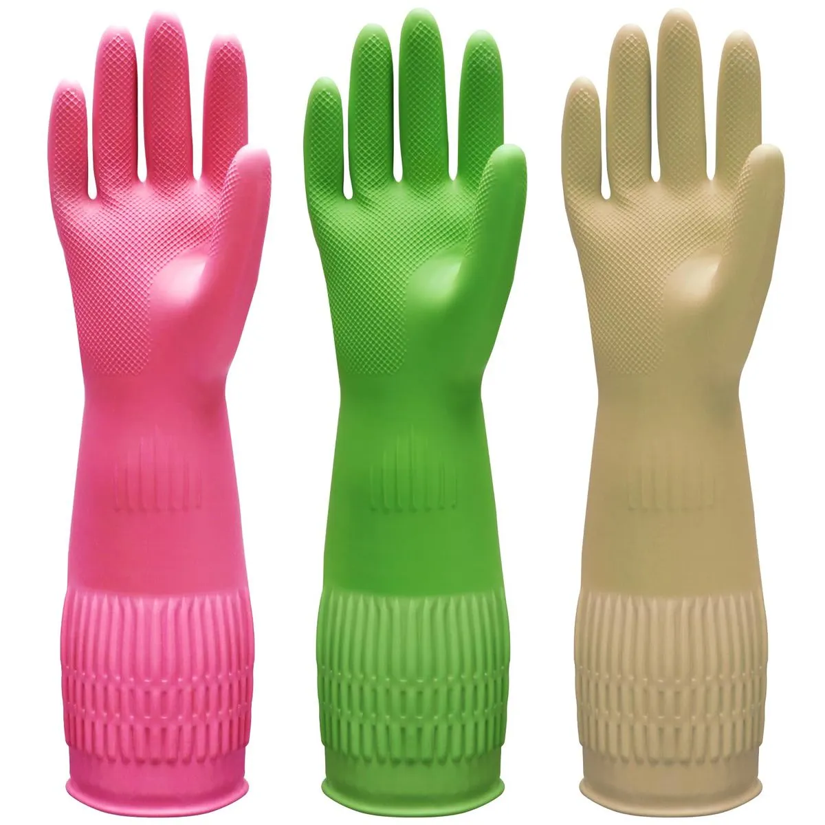 3 Pairs Rubber Dish Gloves: 15" Long, Reusable, Non-Slip