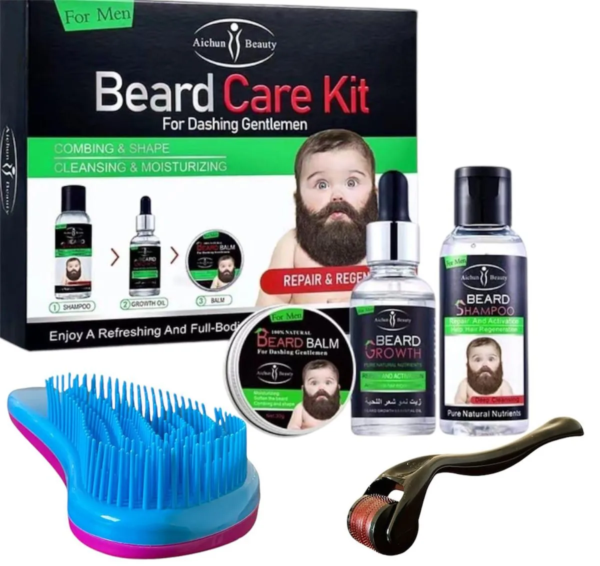 Aichun Beauty Beard Care Products and Derma Roller & Hair Brush