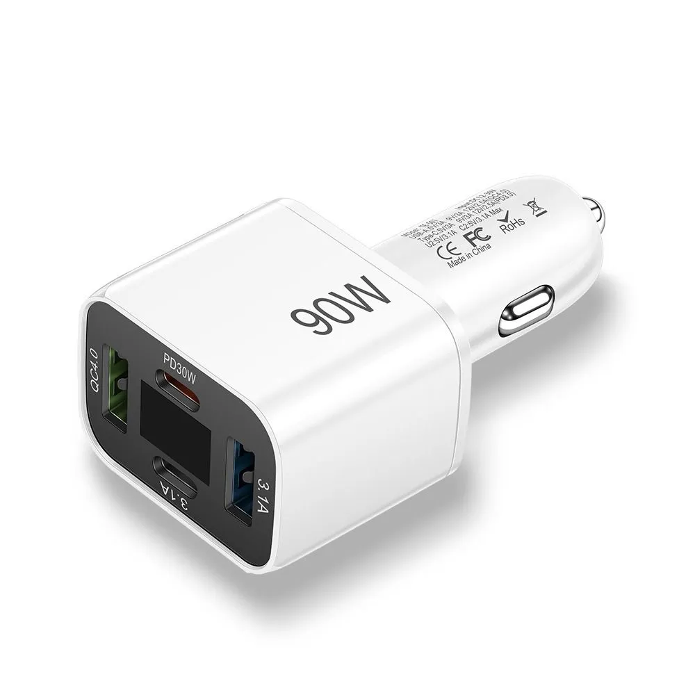 White 4-Port Car Charger QC4.0 PD3.0 Volt Display