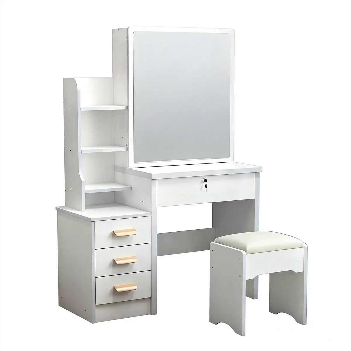 White Dressing Table with Mirror, Drawers & Stool - Makeup Vanity Set