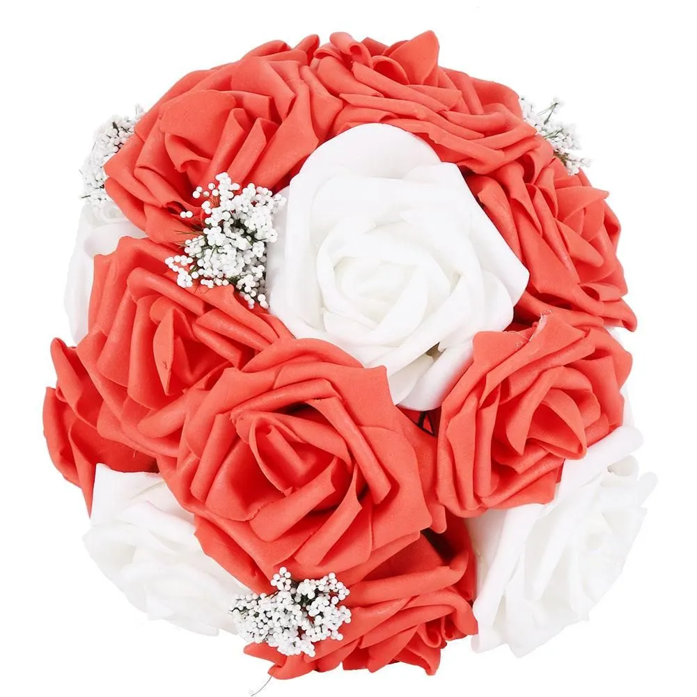 Artificial Bridal Bouquet Pe Foam Flowers with Ribbon for Wedding Decor Red