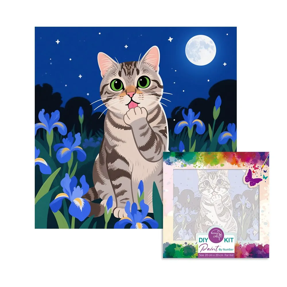 Easy Craft Paint by Number DIY Kit, 20x20cm-Cat with Flowers - Cat with Blue Irises