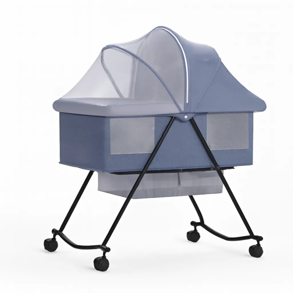 Portable Baby Bassinet with Foldable Mosquito Net & Storage Basket - Blue