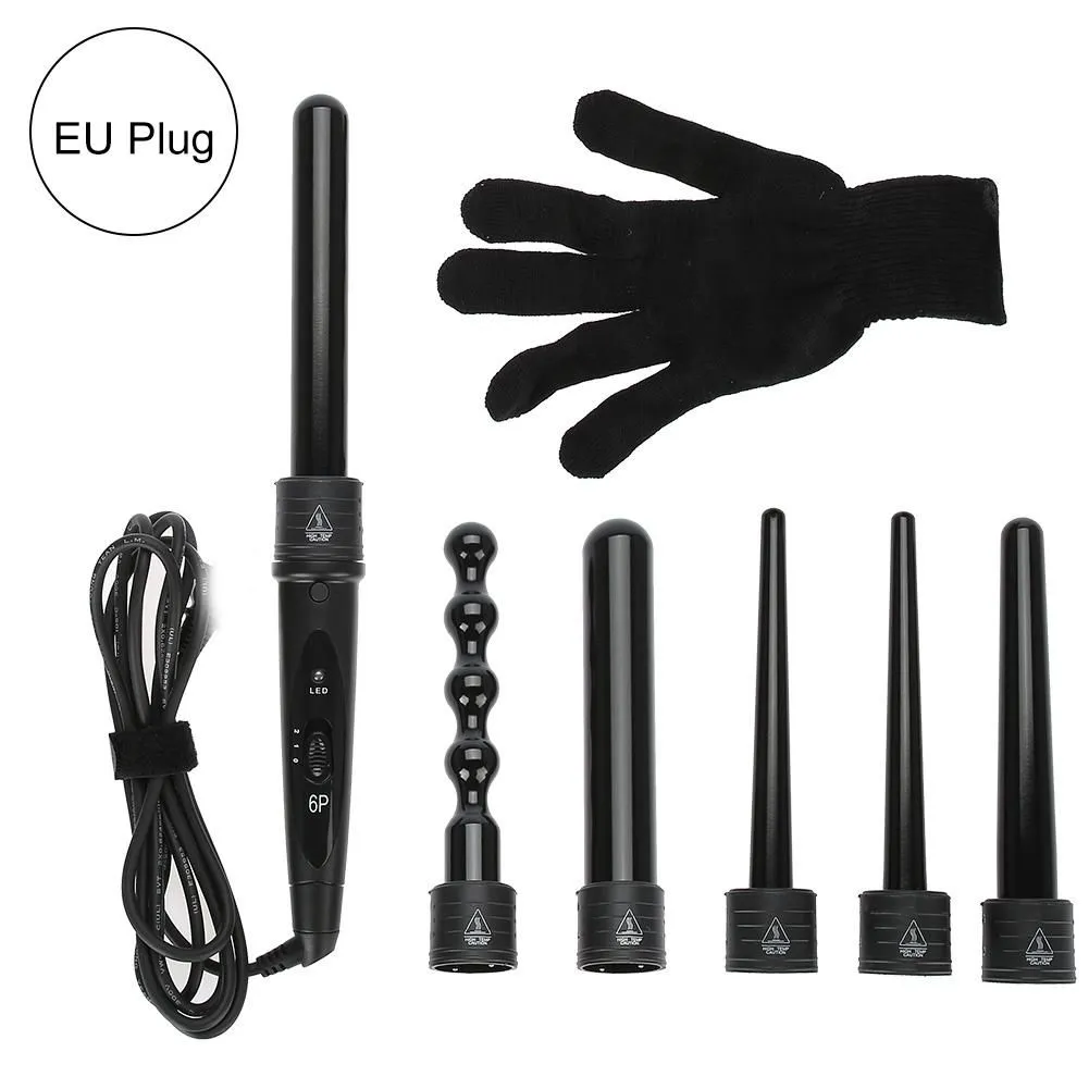 6 in 1 Interchangeable Hair Ceramic Curling Iron Set with Glove EU Plug