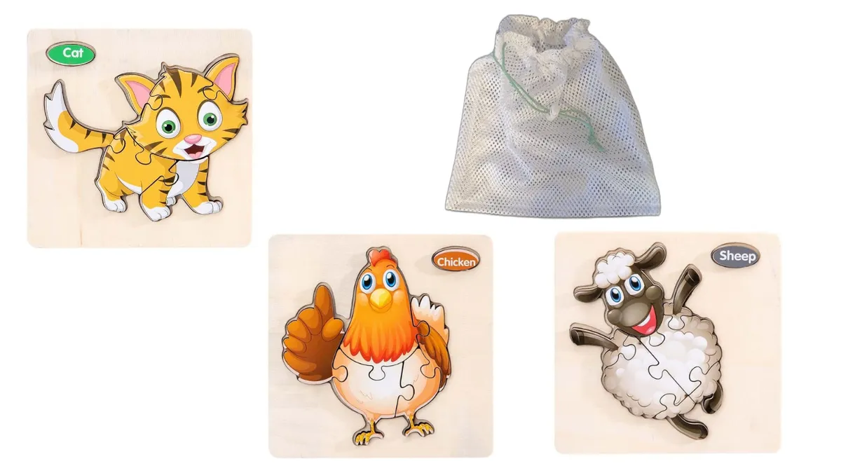 Kids' Early Learning Wooden Puzzle Set and Bag - 3 Piece Set - Farm friends