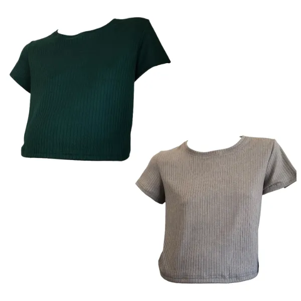 Maternity 2-Pack Short Sleeve Ribbed DTY Crop Tops - Green and Grey