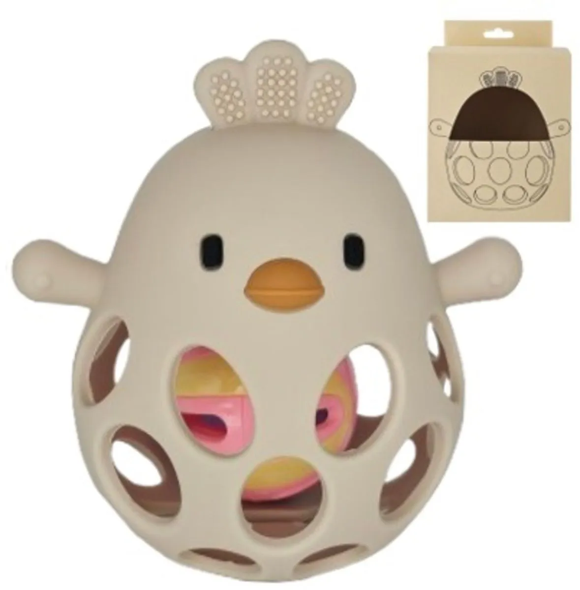 Silicon Baby Rattle Chicken BPA-Free Montessori Teething toy ages 0 and up - Beige