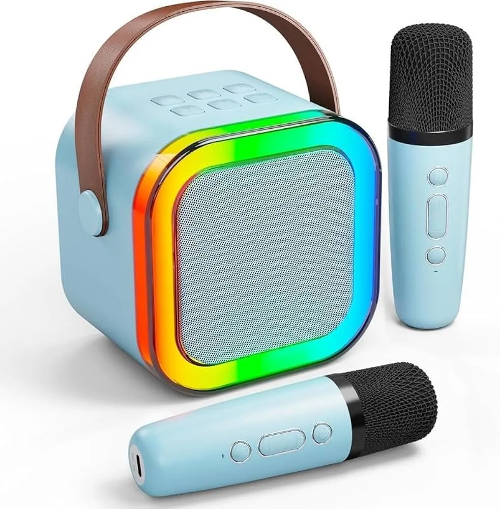 Portable rechargeable karaoke system with two mics - White