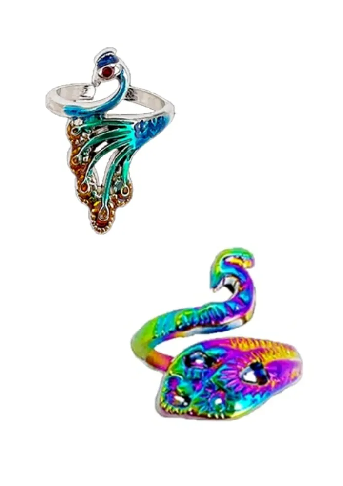 2 Piece Peacock Crochet Loop Rings - Multi color