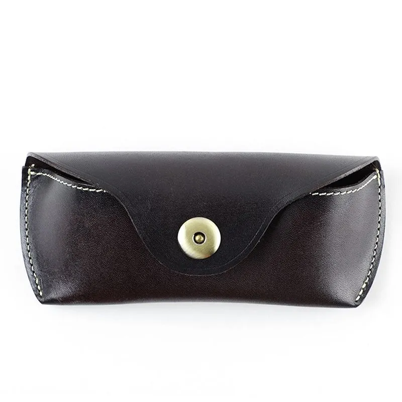 Hand-Stitched Genuine Leather Eyeglasses Case with Brass Button - Black