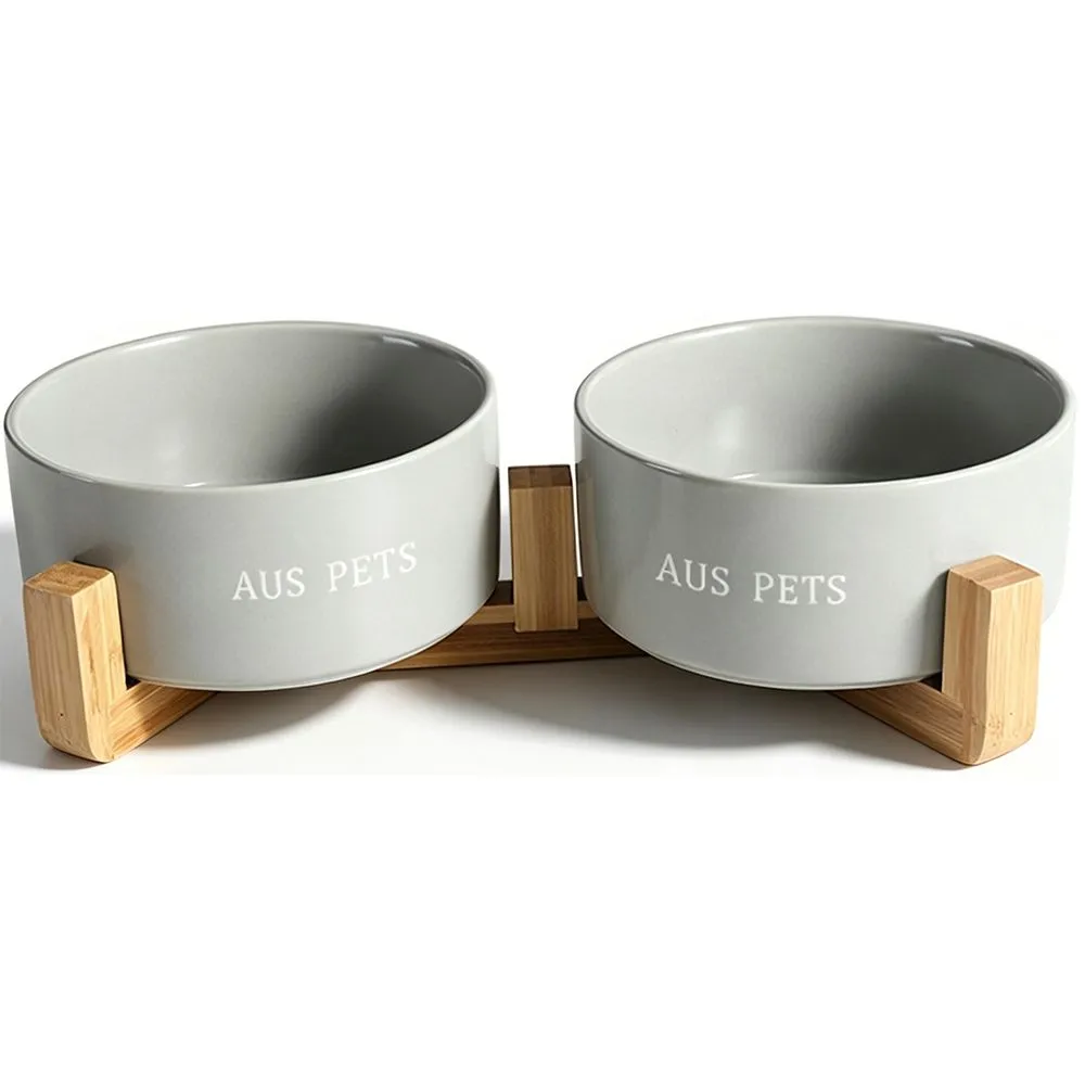 Ceramic Pet Bowls Set, Double Dog Cat Food Water Bowls with Bamboo Stand
