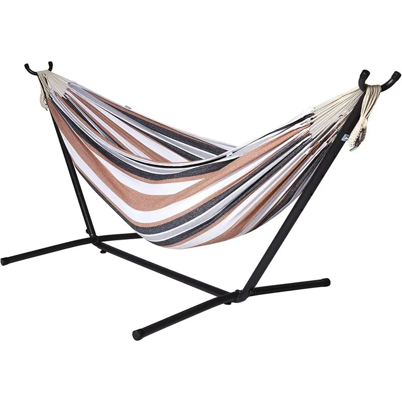 Multi-colored striped hammock with black metal frame