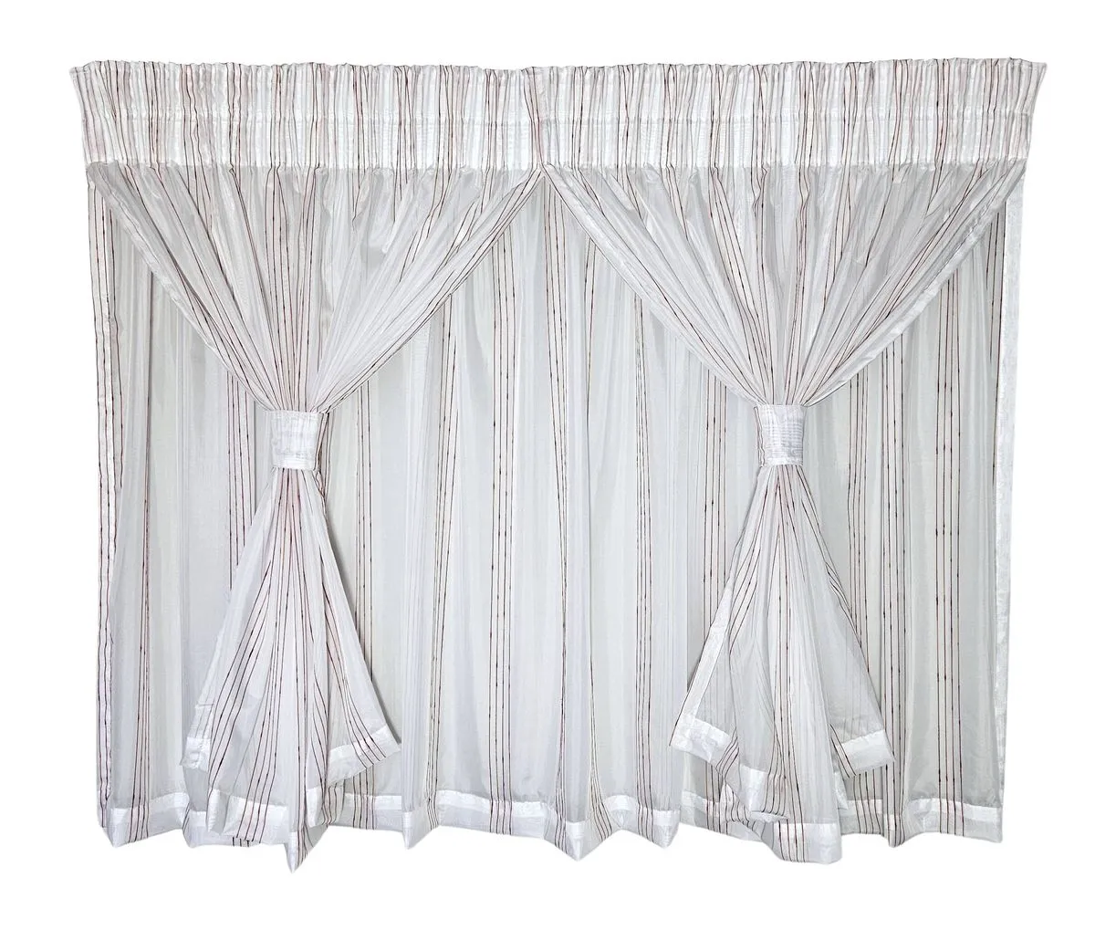 Voil Centre Stripe Voile Kitchen Curtain - 2 Layer - White/Red