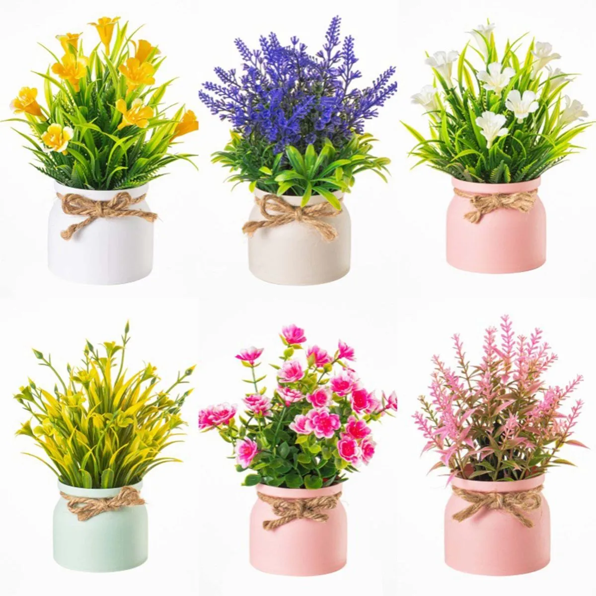 6 Pack Artificial Potted Flowers Small Faux Plastic Flowers for Home Decor