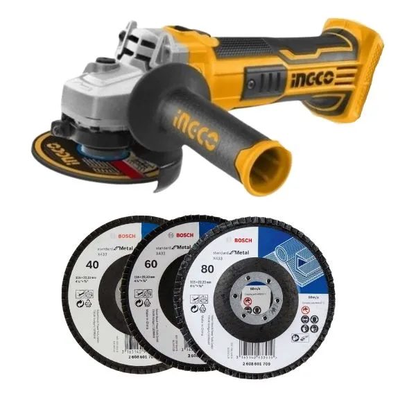 Ingco - Cordless Angle Grinder (20V) with Metal Flap Discs 7/8/9 - Kit