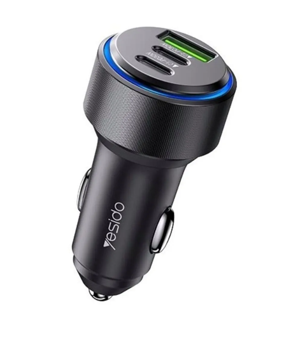Fast Car Charger Adapter Dual Type-C port +USB (USB3.0) 60 watt- Yesido-Y50
