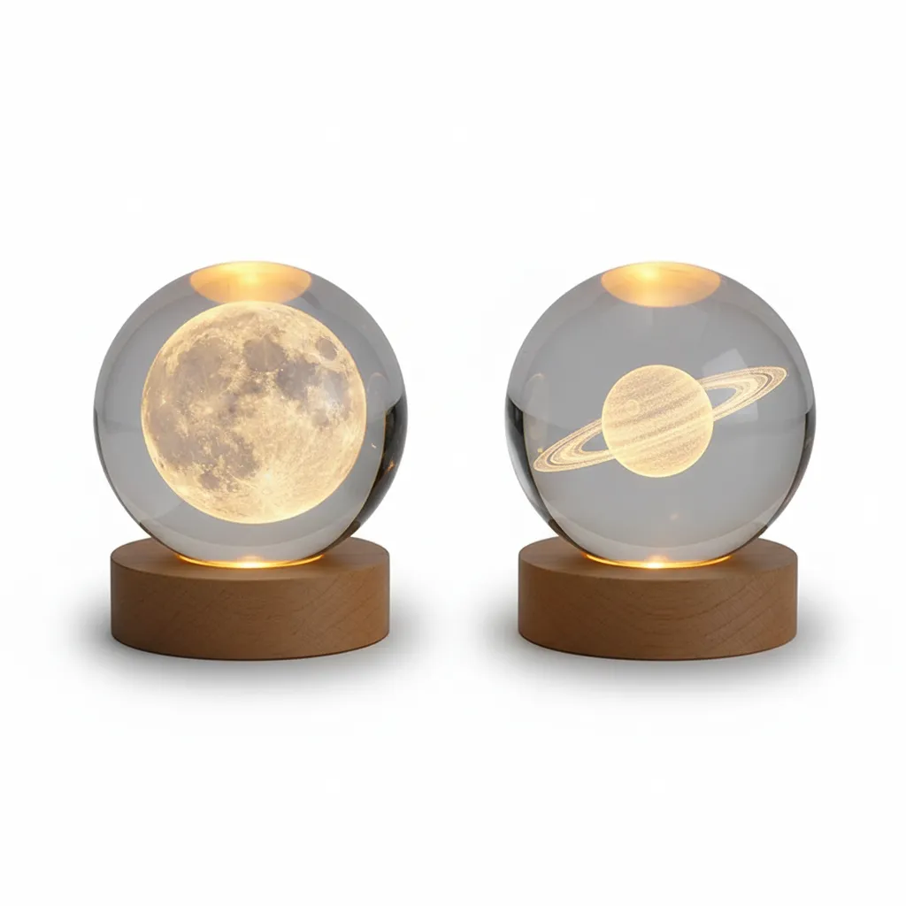 3D Laser Engraved Crystal Ball Set With Warm Wooden LED Bases - Moon + Saturn
