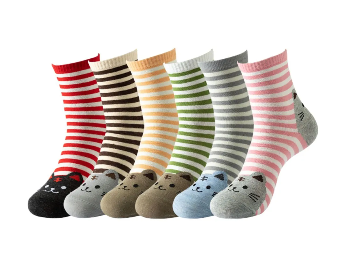 Cute Animal Crew Socks For Women 6 Pairs, Funny Cat Cartoon Socks