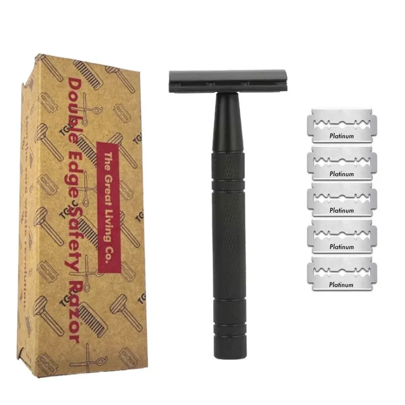Premium Double Edge Safety Shaving Razor & 5 Platinum Coated Blades - Black
