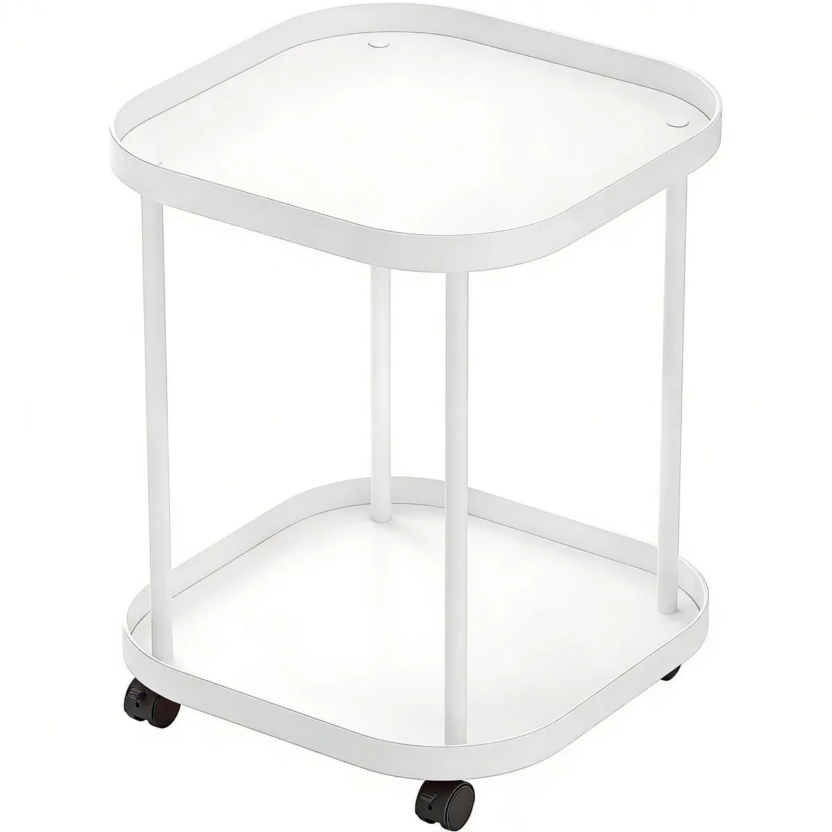 2 Tier Movable Side Table with Wheels Coffee Table Storage Shelf Tray Cart - White