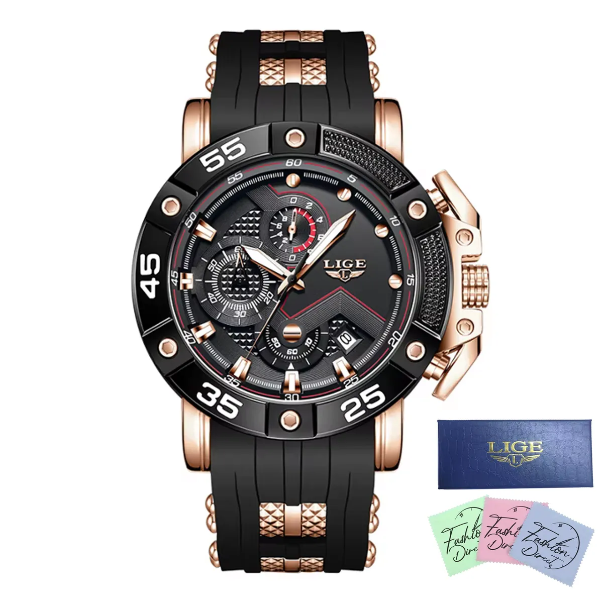 LIGE - Men Luxury Chronograph Silicone Strap Sport Watch - Gold Black