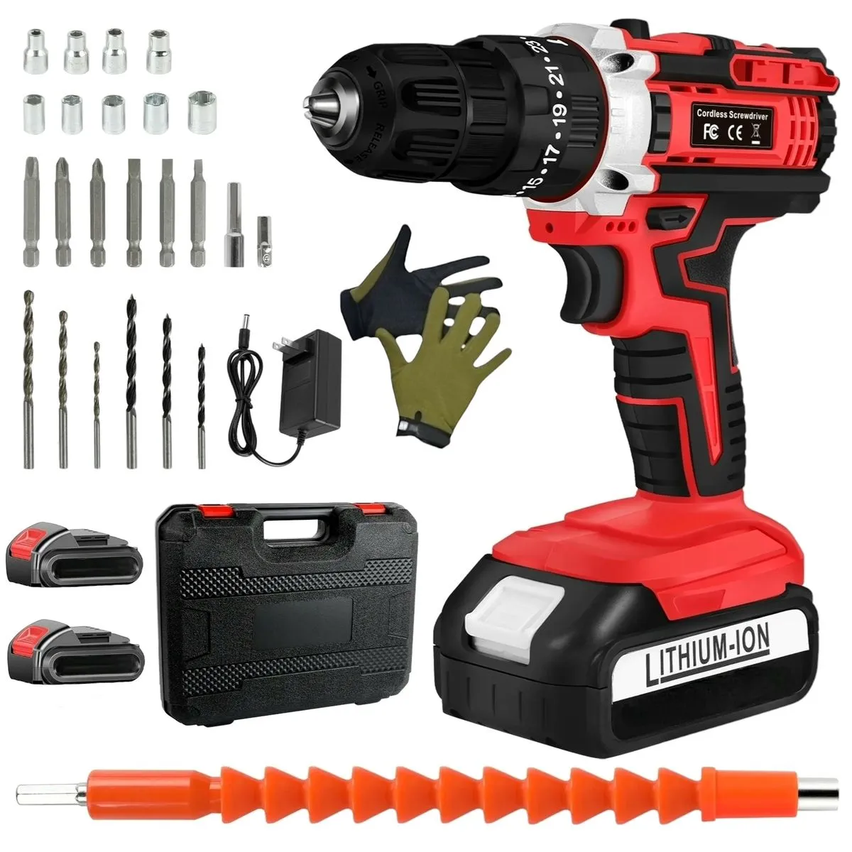 21V Cordless Lithium Impact Drill - 21V Drill Driver, Bits, Gloves and Case