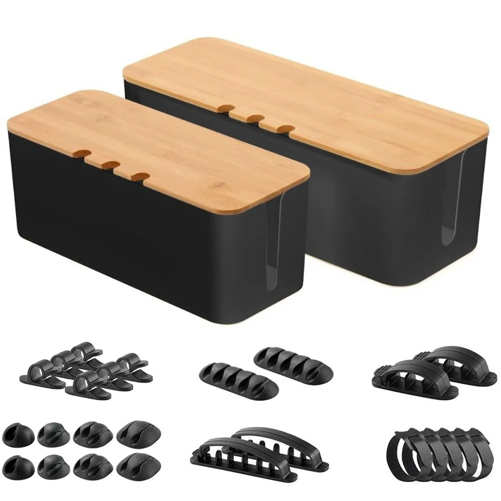 Chenshia 2Pcs Airtight Cable Storage Box Set, Bamboo Lids - Large & Medium - Black