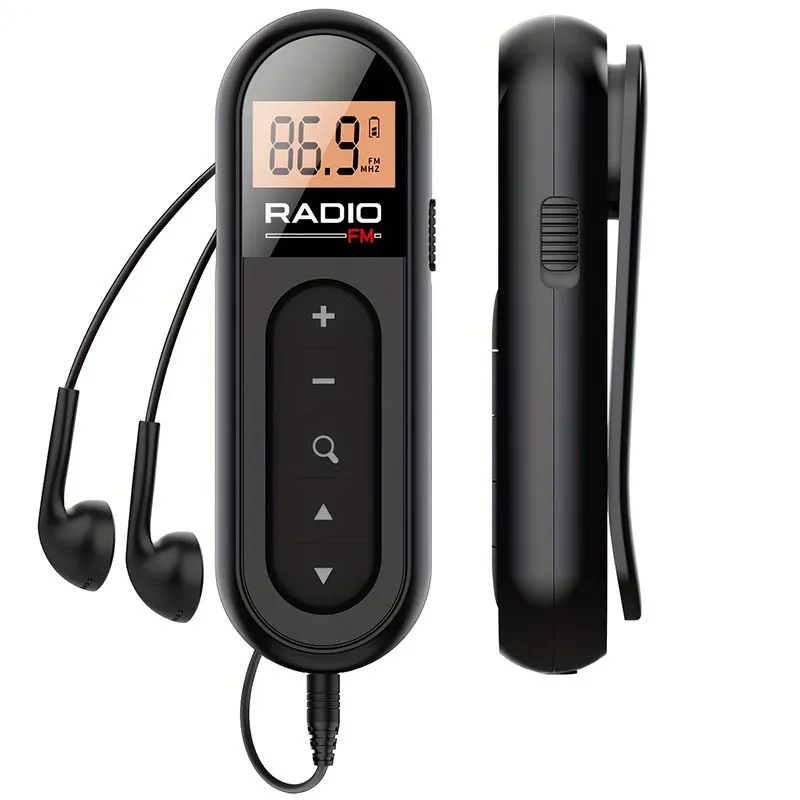 Portable Rechargeable FM Radio with Clip - Mini Wireless Sports Guide - Black