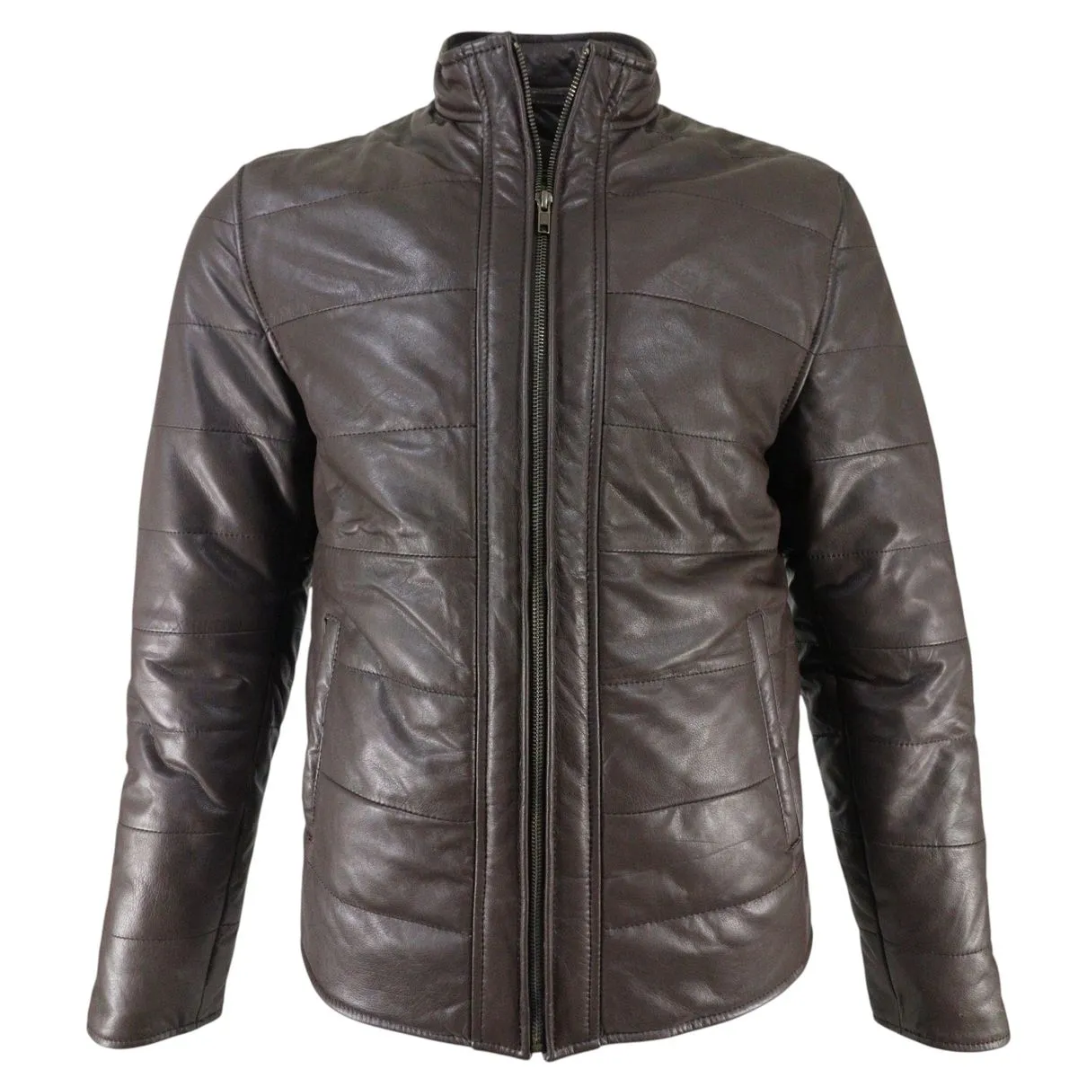 Mens Regular Fit Sheep Leather Minimal Puff Jacket - Brown