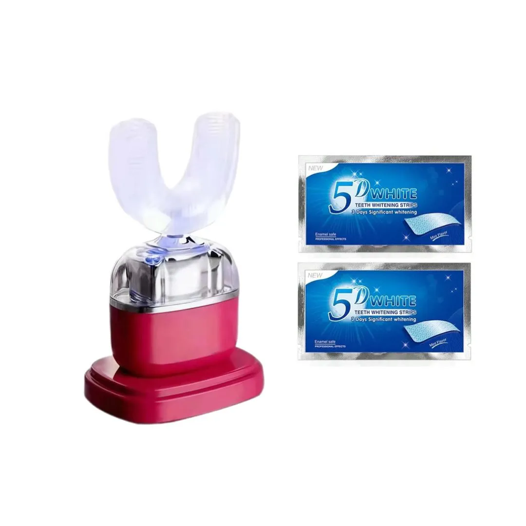 Intelligent U-Shaped Sonic Toothbrush Set with 2 Whitening Strips - Red