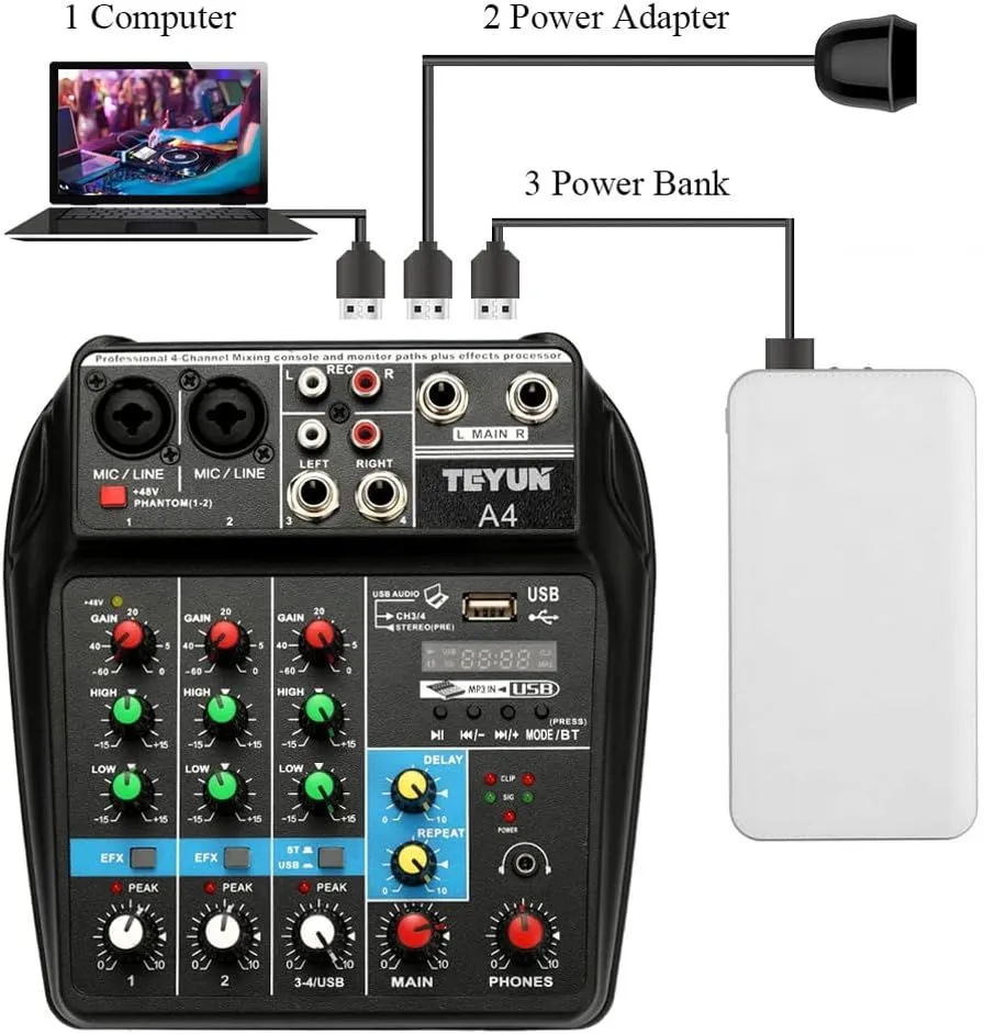 Studio Mixer 4-Channel Bluetooth Studio Mixer for Recording & Live Sound