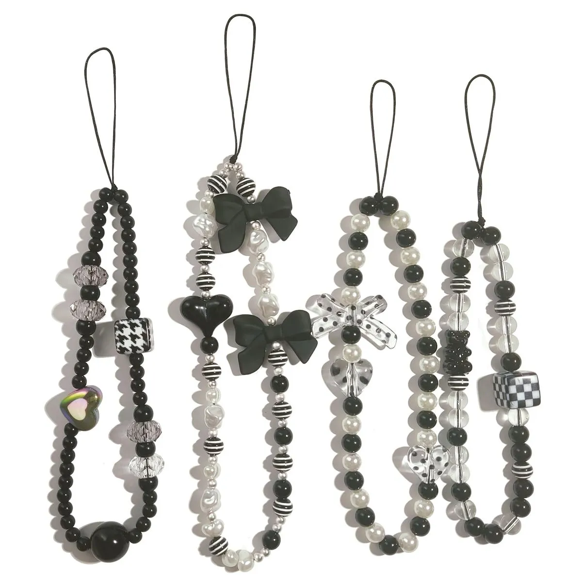 4 Pieces Cute Phone Charms Beaded Phone Strap for Phone Bag Keychain Decor - Black, White