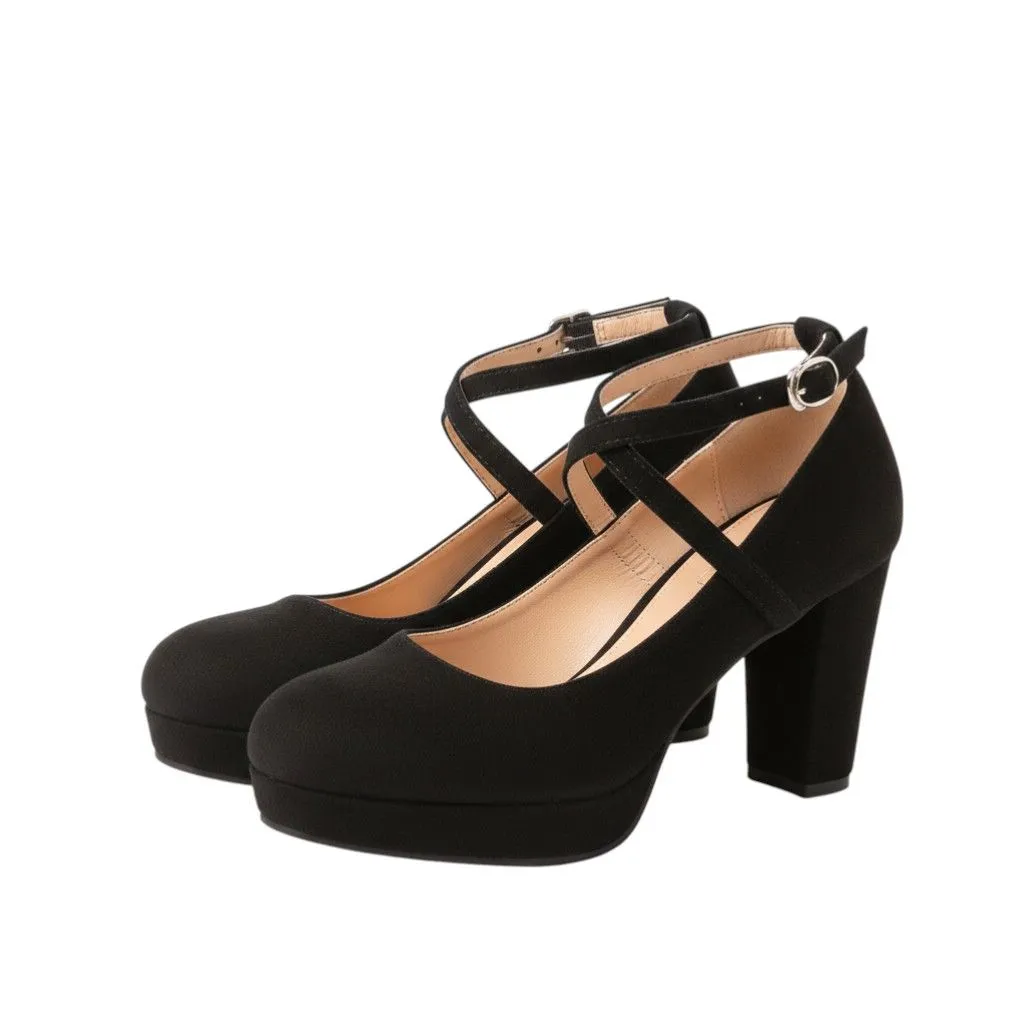 Women's Size EU- 36 Suede Cross-Strap Platform Block Heels - Black