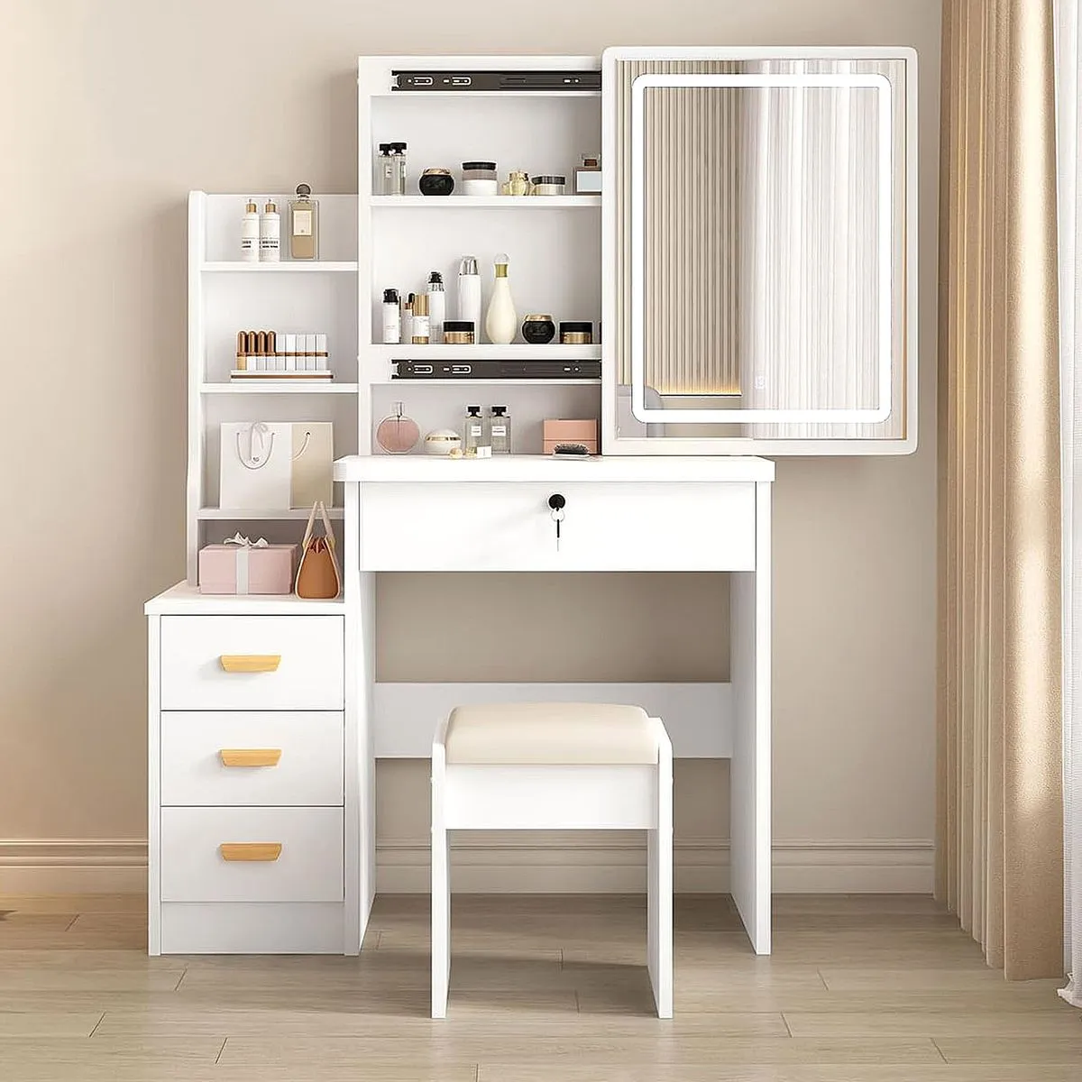 Dressing Table with Mirror Dresser Drawers&Lights