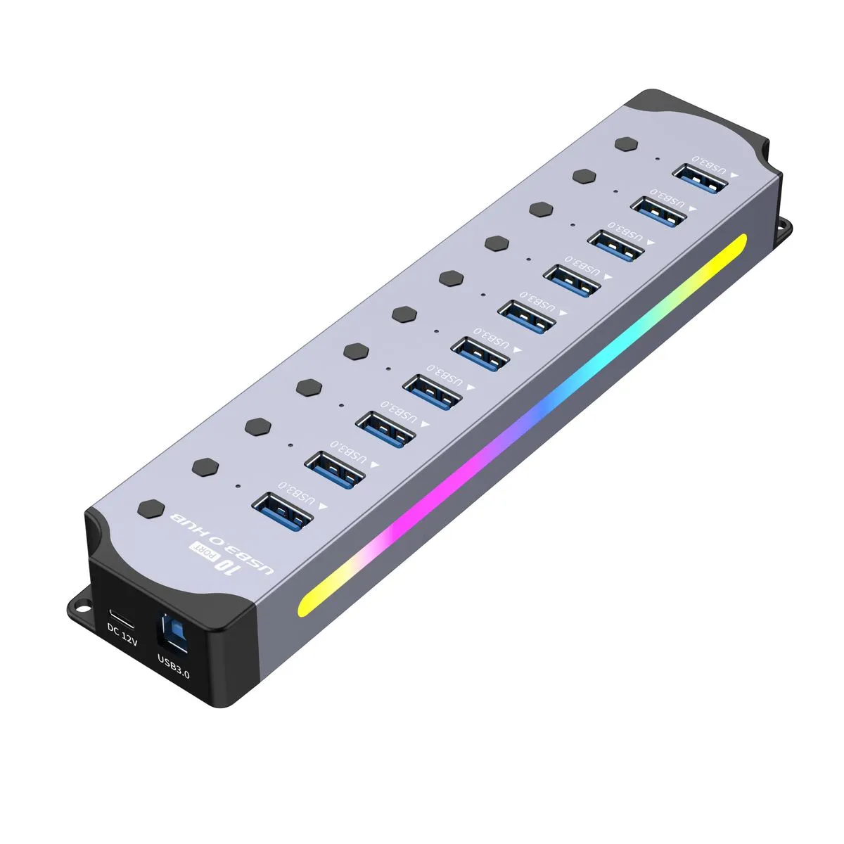 10-in-1 Powered USB Hub with Individual Switches and RGB Lighting