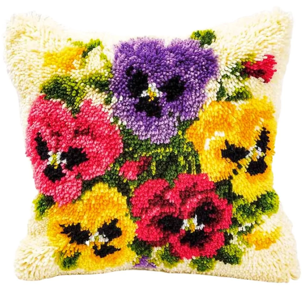 Flowers Pansies – Latch Hook Pillow Cover Embroidery Wool Art DIY Craft Kit