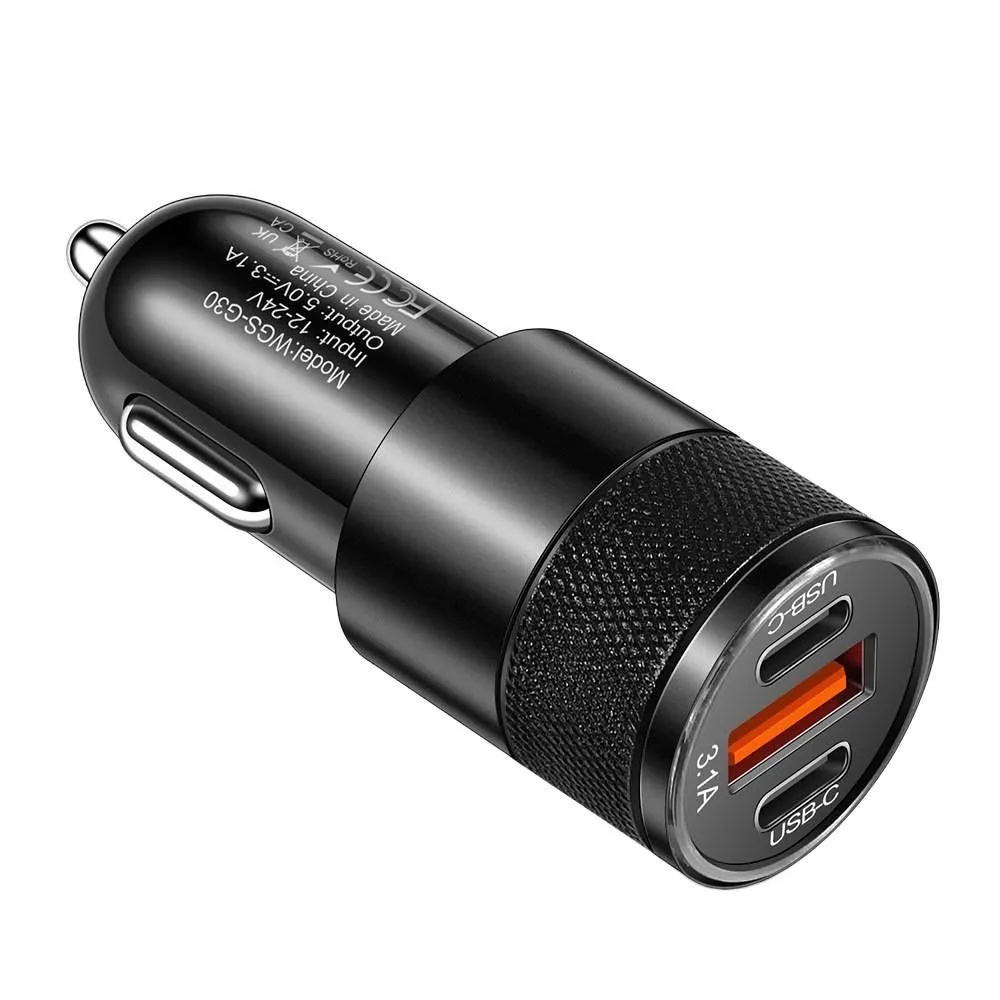 Black 3.1A 15W Car Charger USB+2PD Aluminum