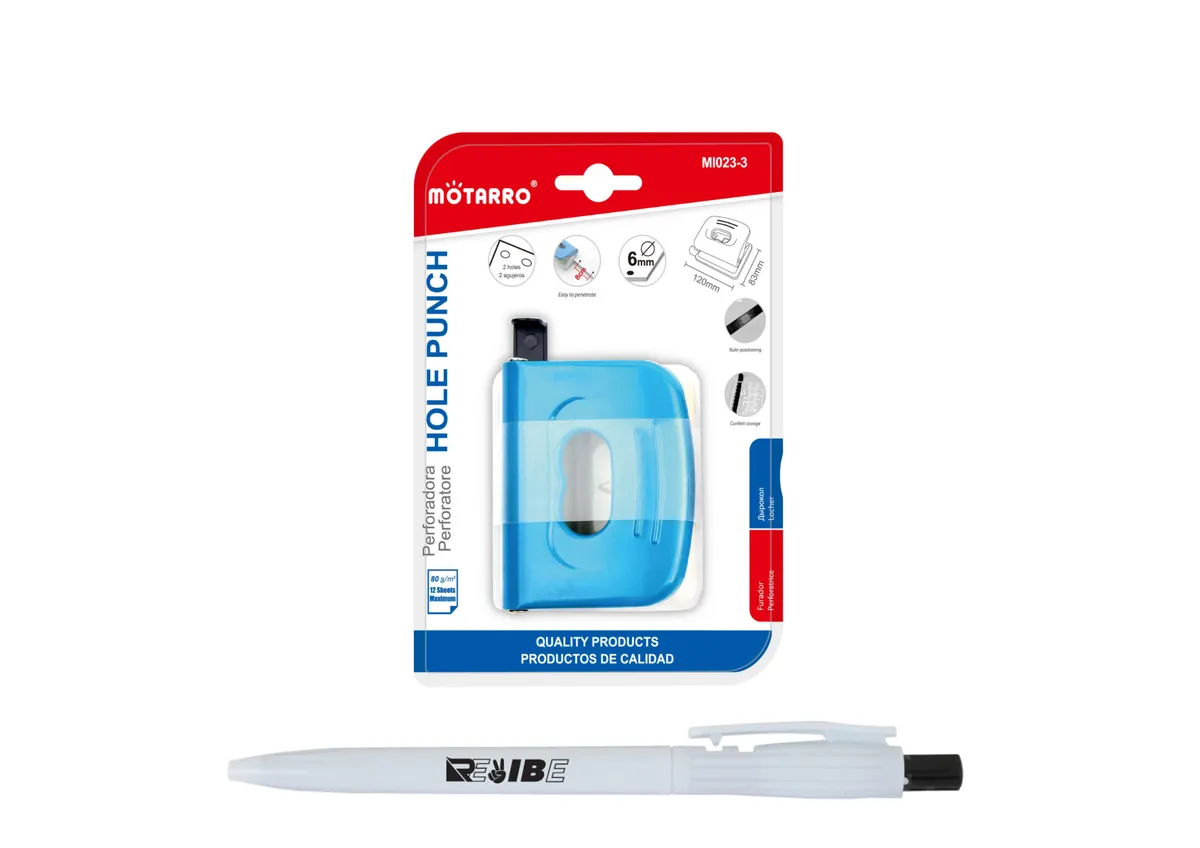Durable Quality Stable Metal Office Home Hole Puncher with ReVibe Pen - Blue
