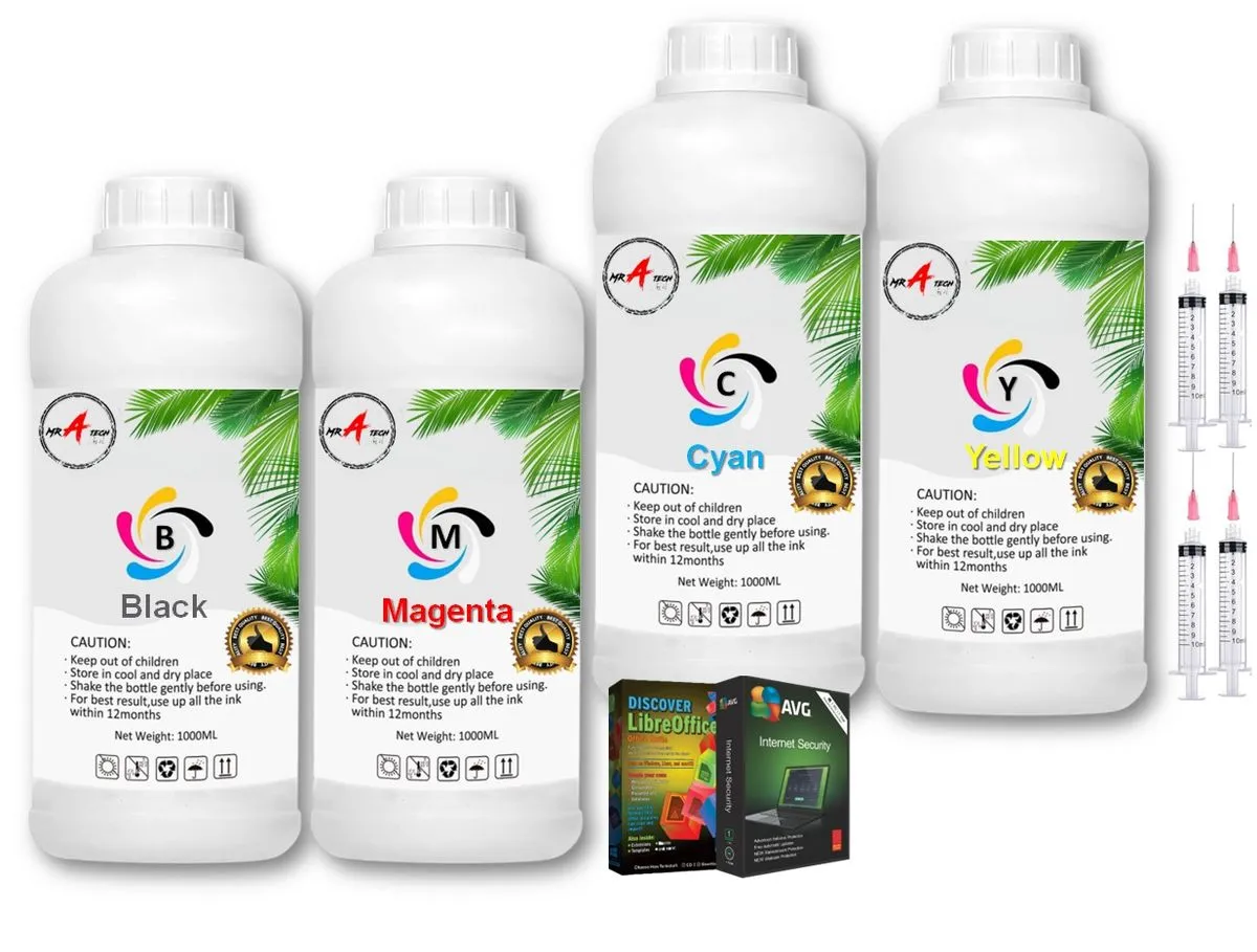 MR A TECH Ink Bottle BK/C/Y/M Compatible with Any HP & CANON Printers Refill INK 1L X 4