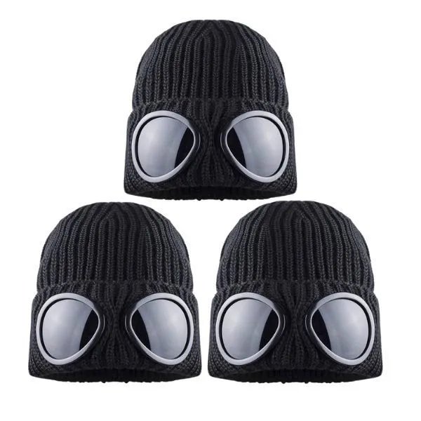 Black Knitted Goggle Beanie Hat - Pack of 3 (Winter Warm)
