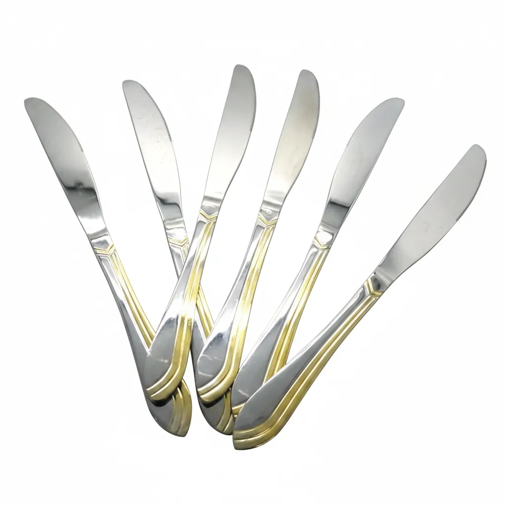 6 Piece Stainless Steel Dinner Knives Set with Gold Wave Design