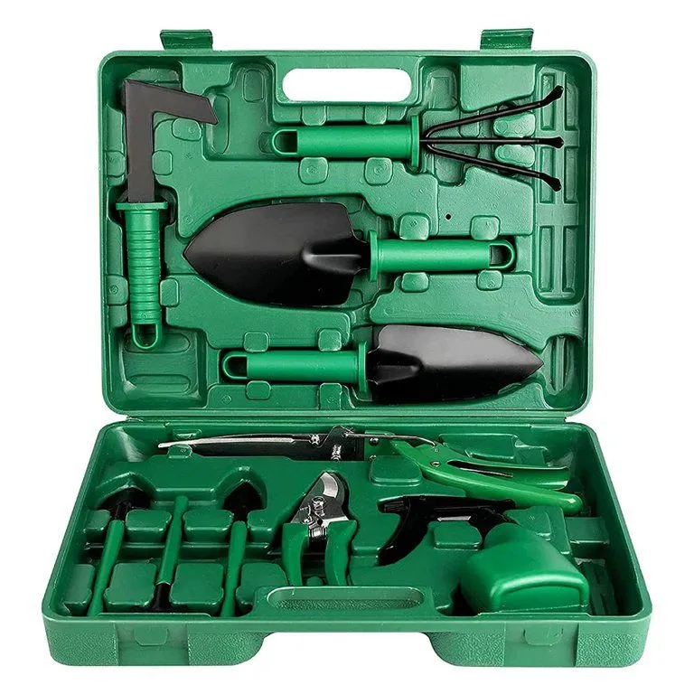 Multifunctional Garden Hand Tool Shovel Rake Clipper Set with Case 10 Pieces - Green