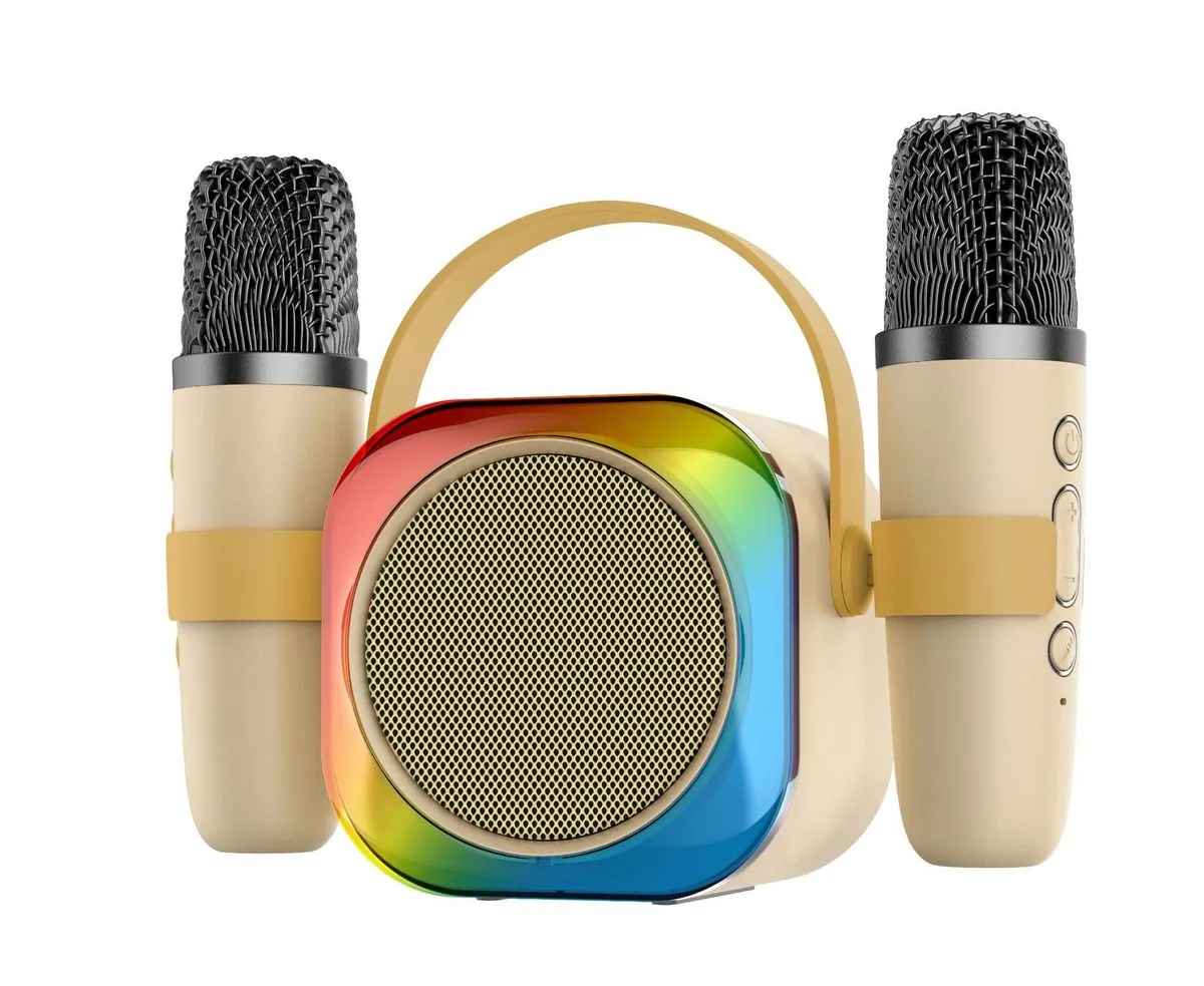 T06 Karaoke Speaker with Dual Wireless Microphones, Bluetooth & RGB Lights - Beige