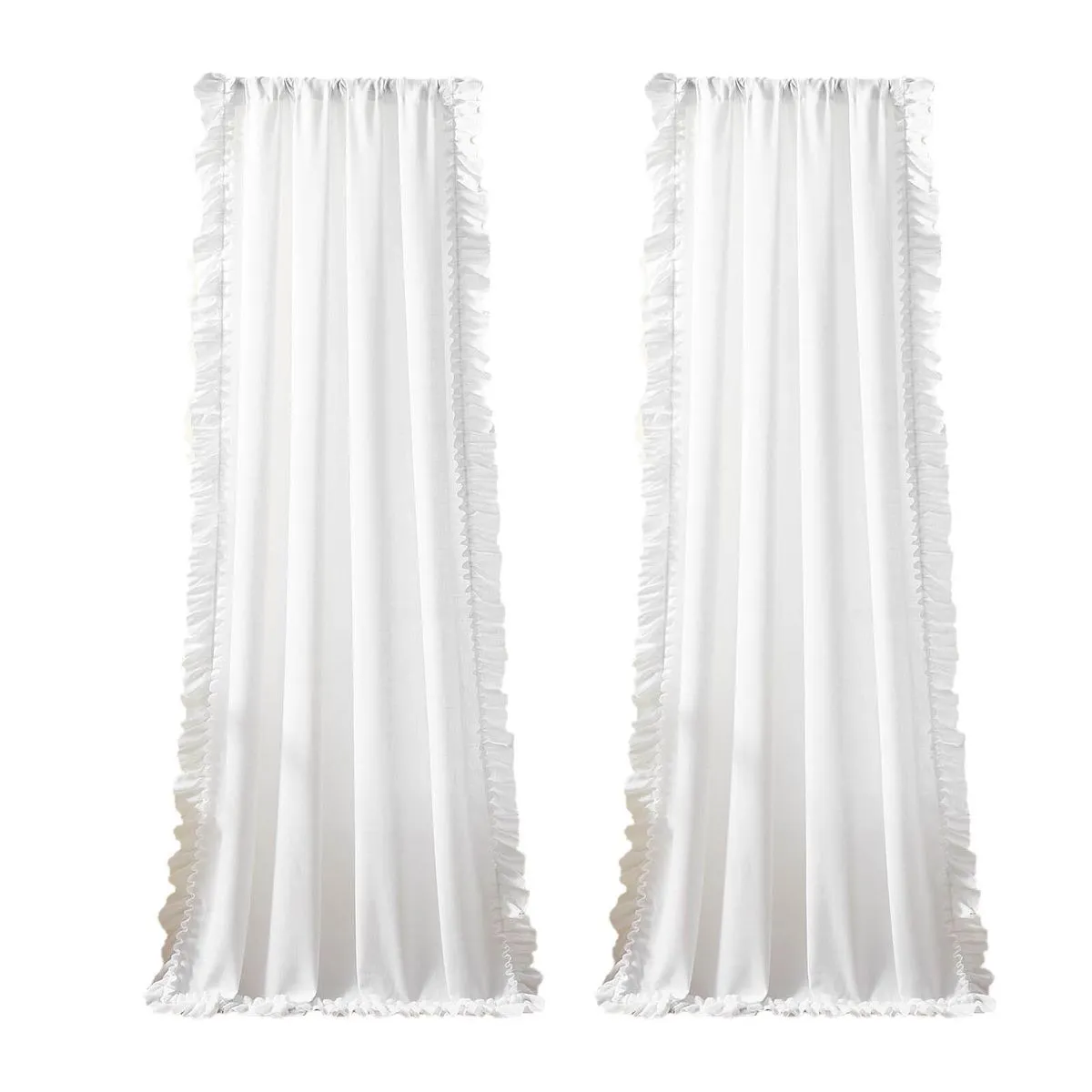 2 Panels Farmhouse Curtains, White Linen Textured Scalloped Ruffle Drapes