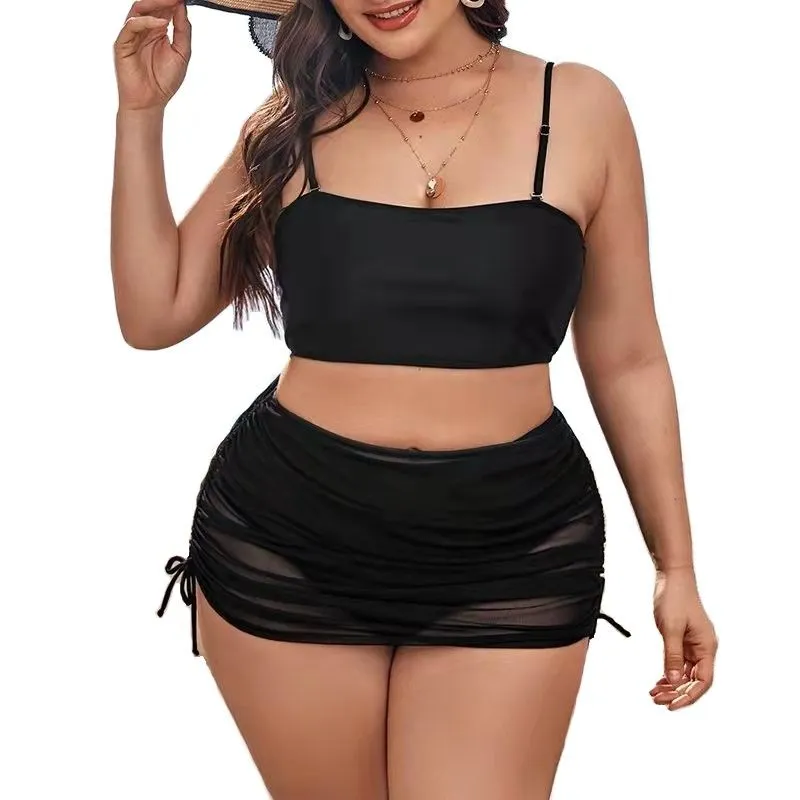 Women's Plus Size Black Bikini Swimsuit With Drawstring Beach Skirt - 3 Piece