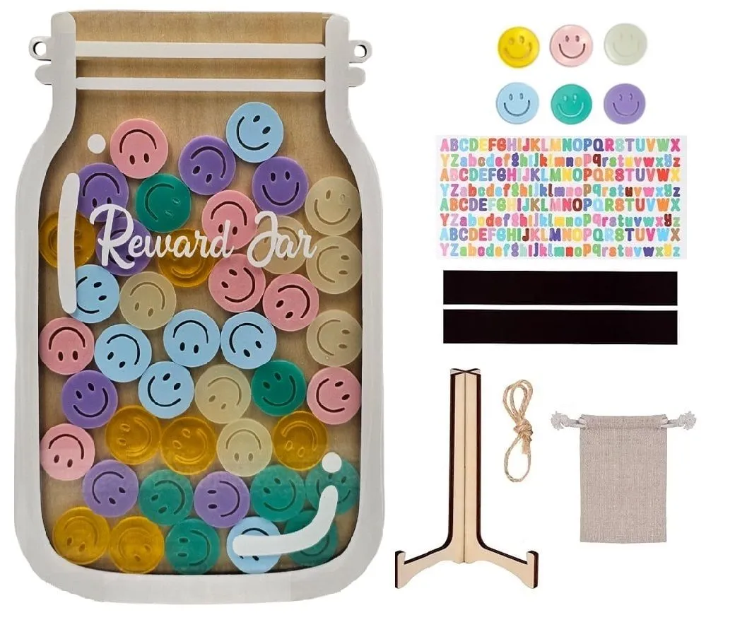 Personalized Magnetic Reward Jar, 42 Smiley Faces Token & Stickers for Kids