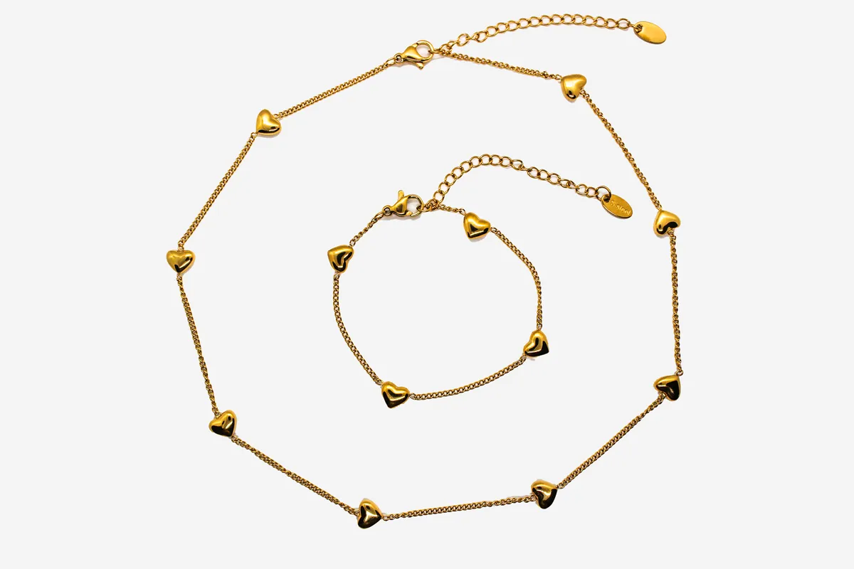 Steel or 18K Gold Plated Heart Charm Necklace & Bracelet Jewellery Set