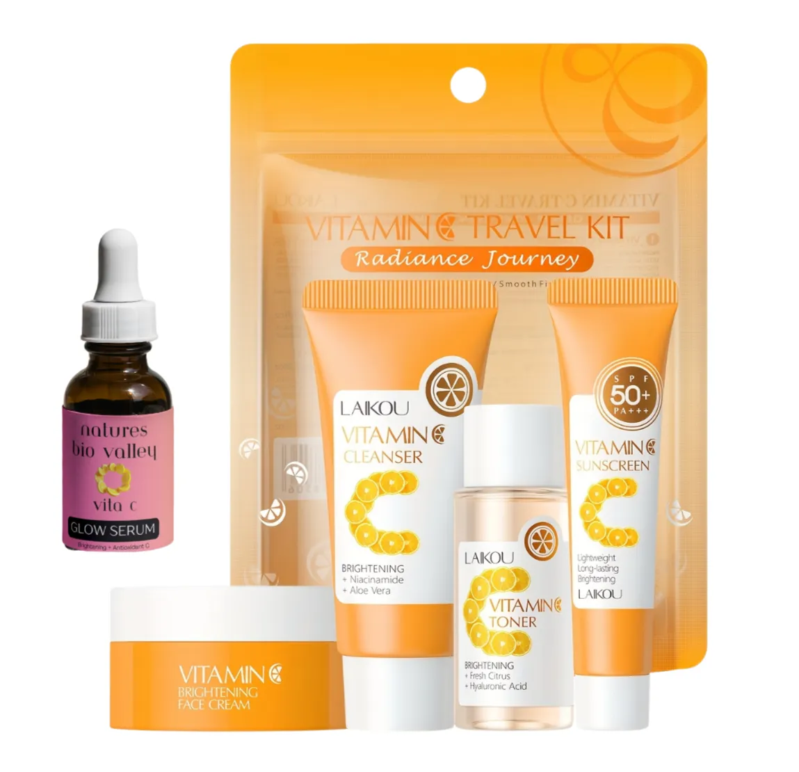 LAIKOU Vitamin C 4pcs Skincare Travel Set + Bio-Vale Vitamin C Serum