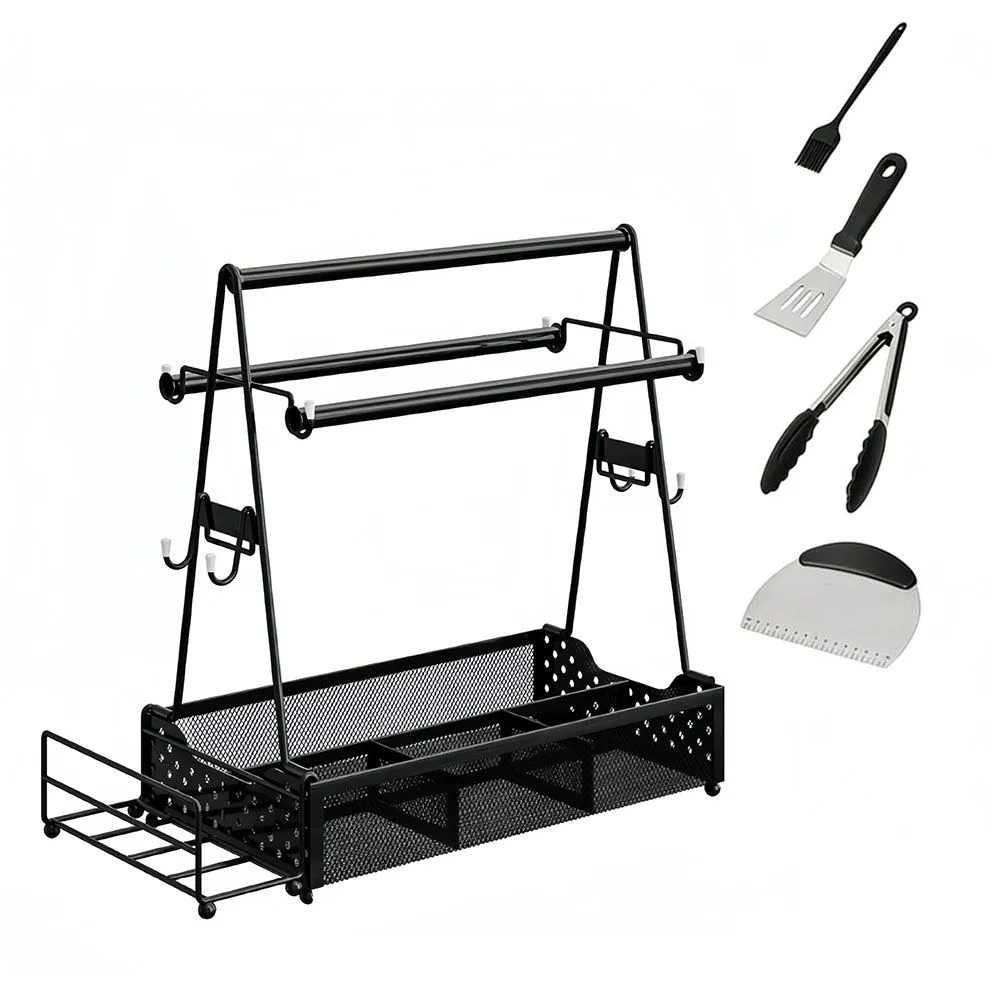 Grill Caddy, Household Seasoning Rack with Paper Towel Holder & 4 BBQ Tool